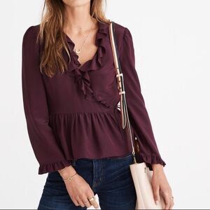 Madewell Silk Ruffle-Hem Tie Wrap Blouse SZ XS Burgundy Cobra Kai
